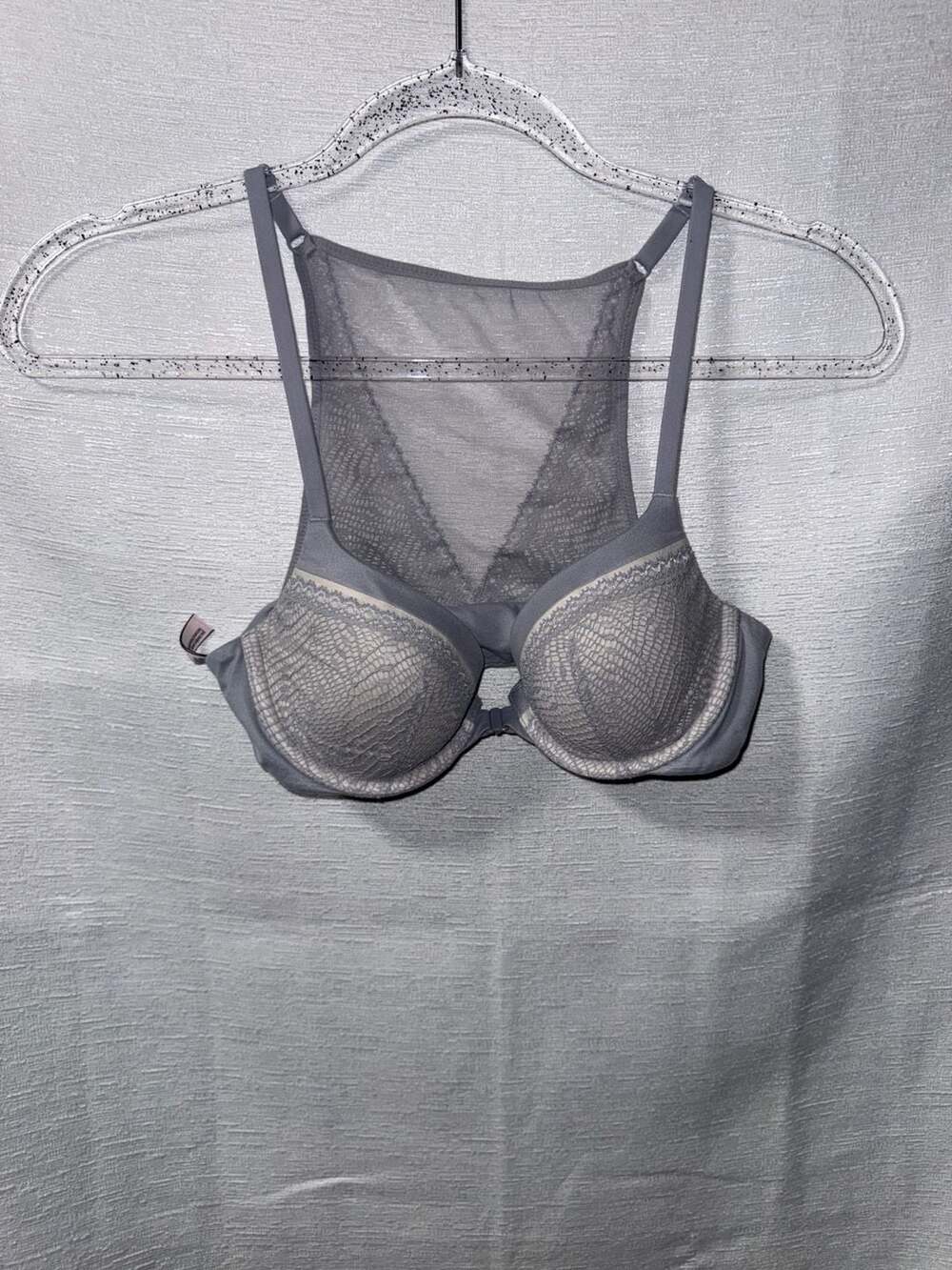 Victoria's Secret Front-Close Lightly Lined Lace Demi Racerback Bra 34B Gray